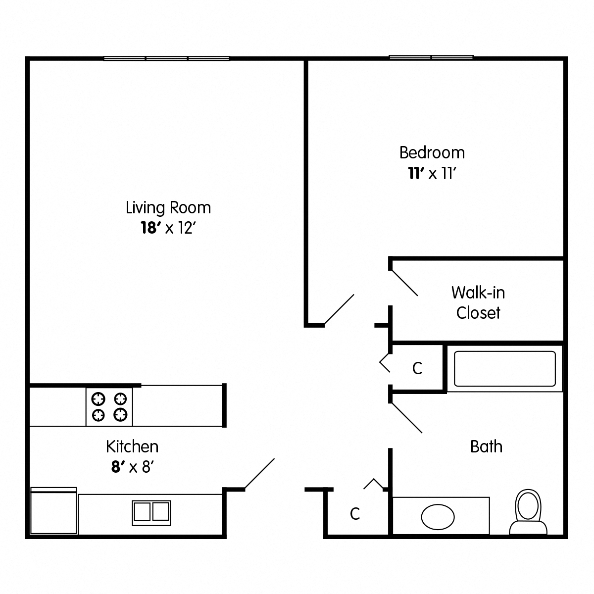 Floor plan for 1 bed, 1 bath, 910 sqft